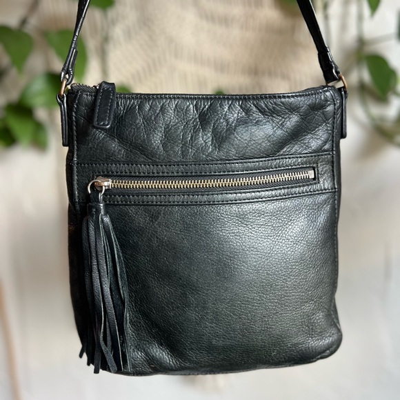 Margot Genuine Leather Black Crossbody Bag Tassel Zip Pebbled Medium - Picture 11 of 11